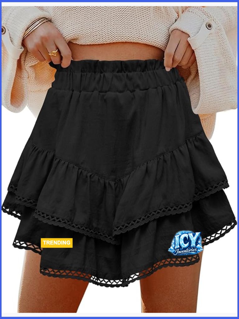 Flowy Skorts With Crochet Hems, Tiered Ruffle Design, Active Wear